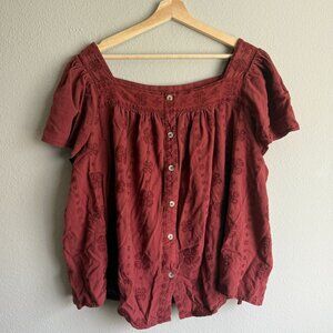 Torrid 3X Embroidered Square Neck Flutter Sleeve Blouse Top w/ Buttons